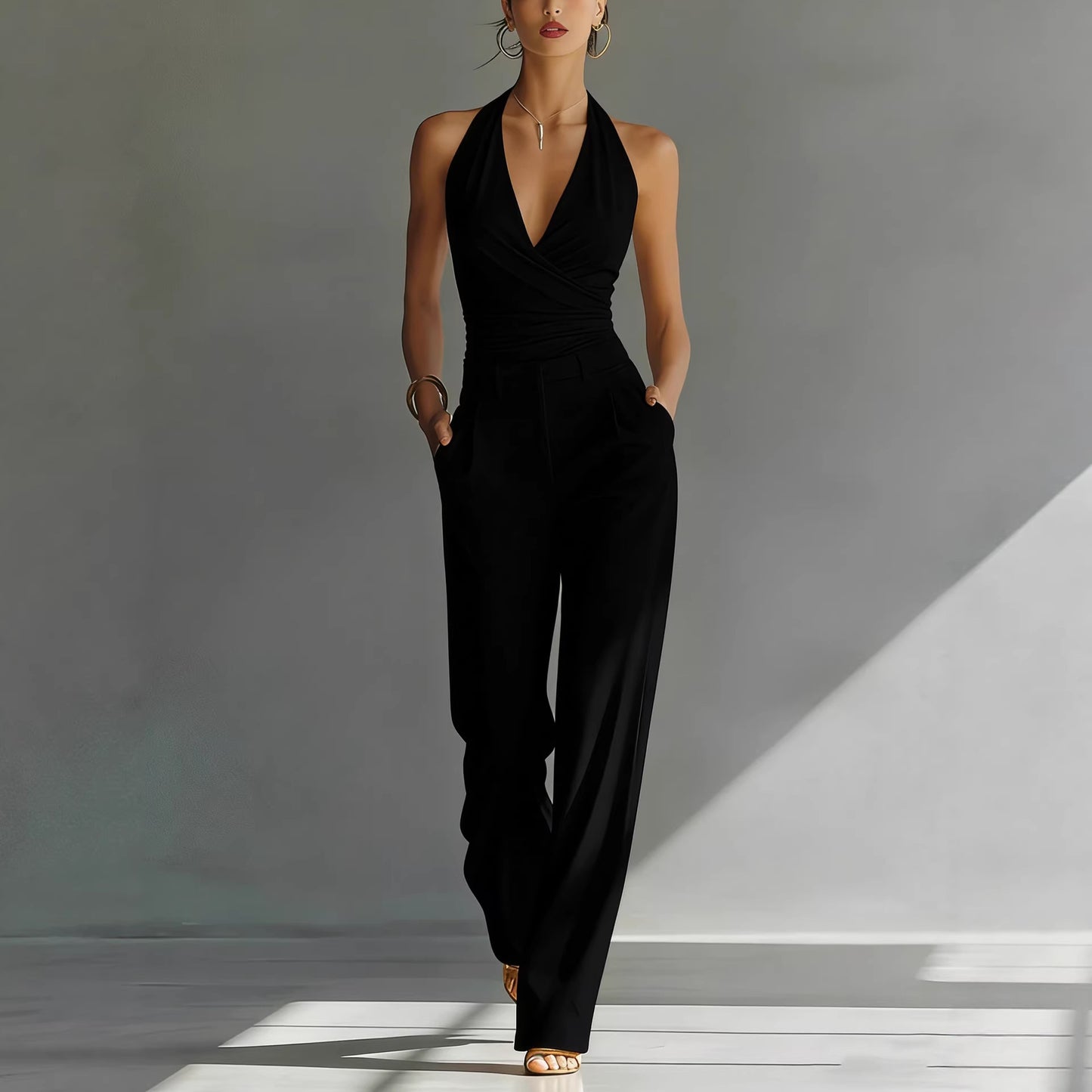 Halter Top And High-waisted Wide-leg Pants Casual Set